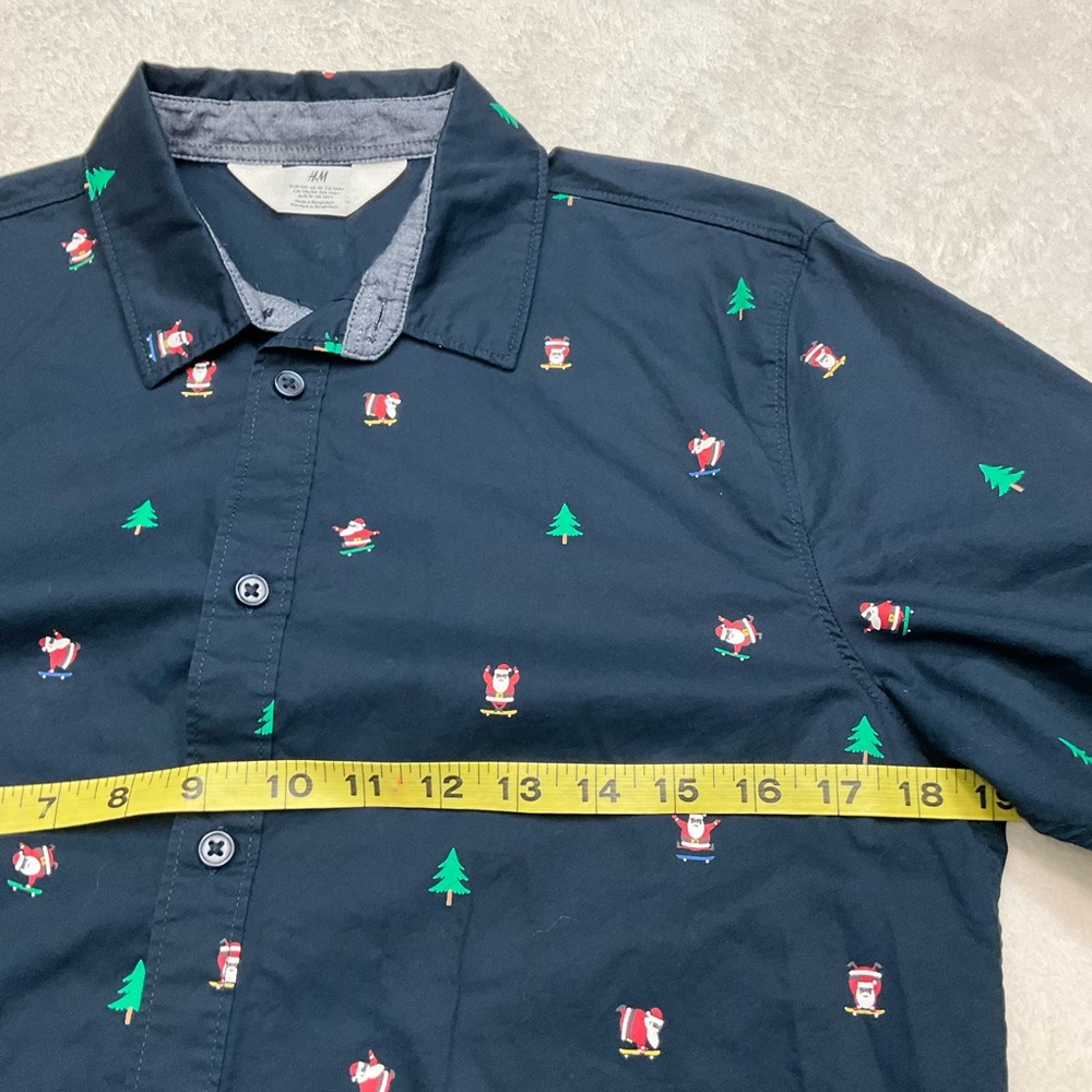 H&M Skateboard Santa Christmas Holiday Navy Long Sleeve Button Down Shirt - Picture 6 of 8